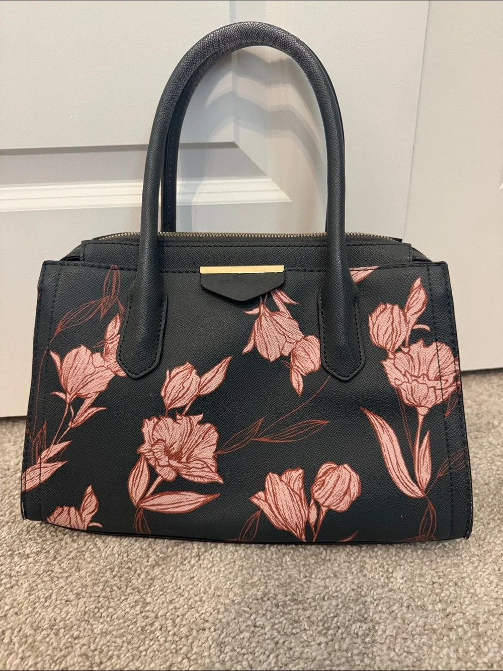a new day Dark Green Satchel with Blush Pink Floral Print and Gold Accent